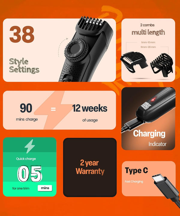 Bombay Shaving Company Beard Trimmer For Men, 2X Fast Charging, USB Type C, 2 Yr Warranty, 120Min runtime, Hair Trimmer, Shaving Machine, Cordless Beard, 38 length Settings(Black)