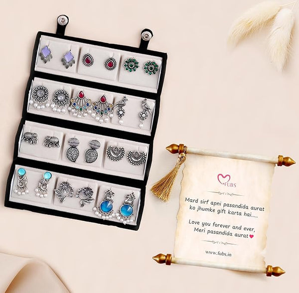 Oxidized Designer Stud Earrings Set of 12 with Folding Jewelry Box | Traditional & Modern Earring Set for Women & Girls